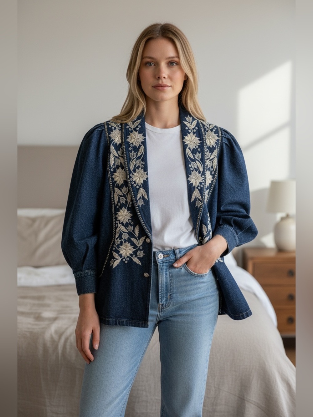 Women’s Retro Denim Jacket Studded Embellishment Oversized Blue Women’s M